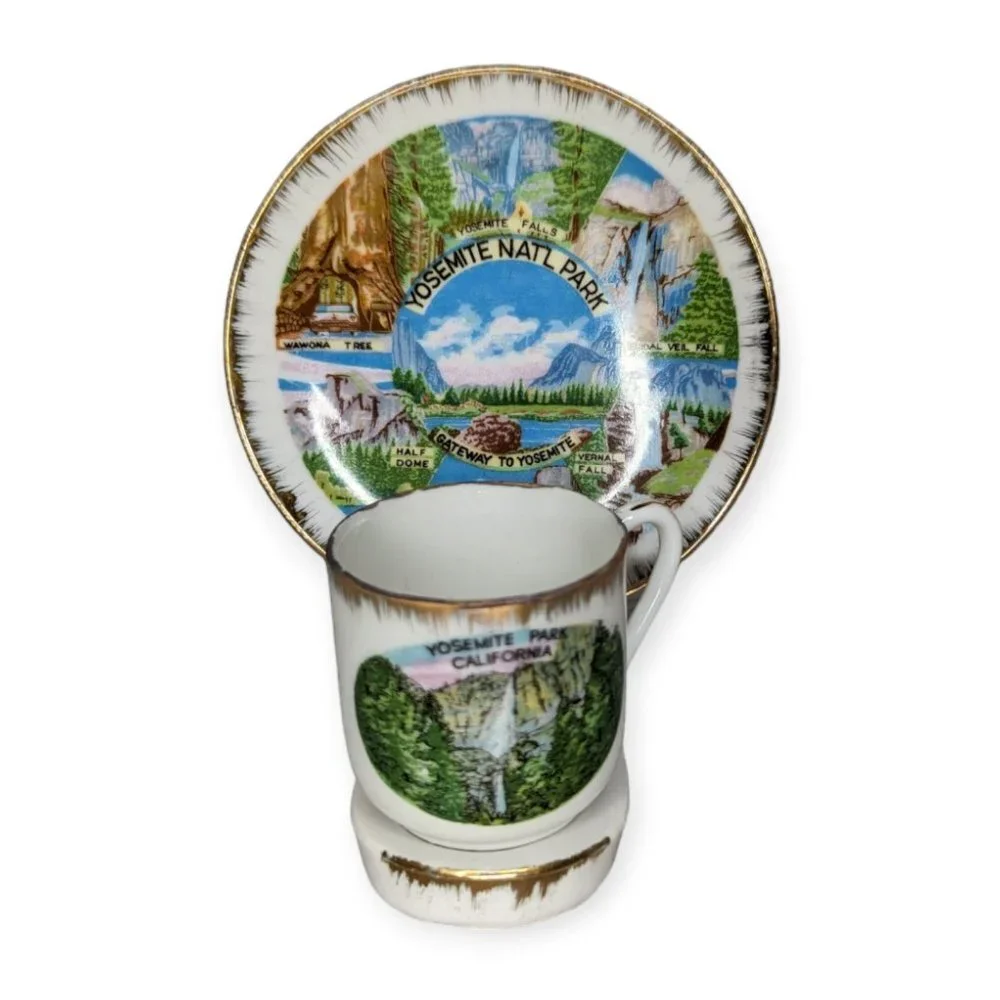 Vintage Yosemite National Park Miniature Cup and Saucer Set w/Stand